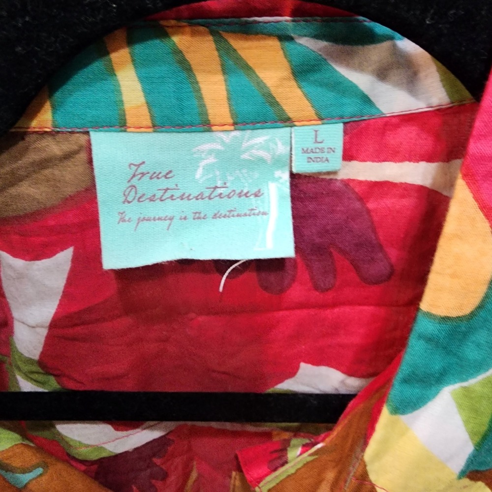 True Destinations Women Tropical Floral Button Down Shirt Cotton Roll Tab Large - Picture 2 of 5